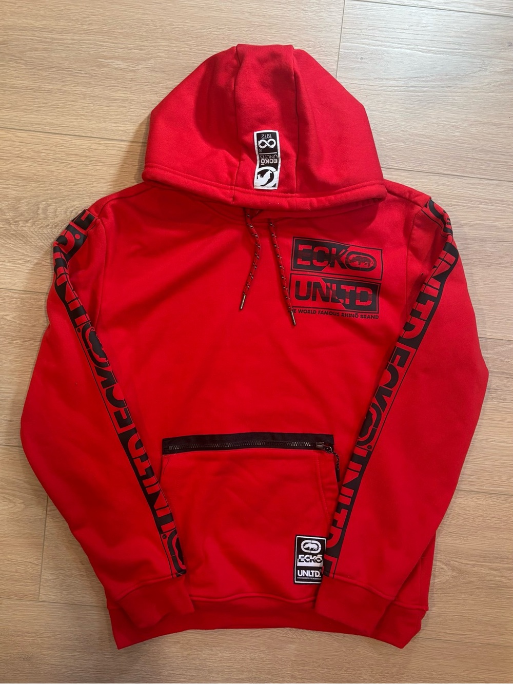 Ecko Unlimited Red Crewneck Hoodie with Black Logo Stripes